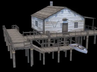 Package Rustic Wooden Houses with interiors Low-poly 3D model