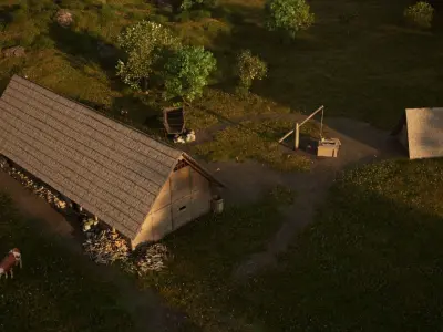 Enterable medieval byre-dwelling Low-poly 3D model