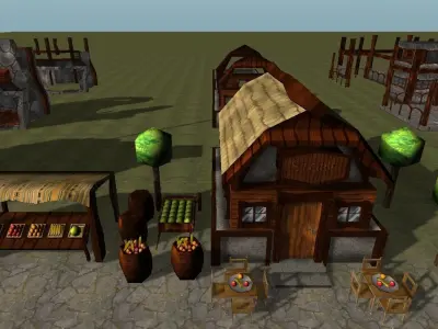 Old Style Building Set Low-poly 3D model