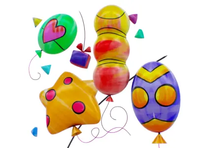 Air Balloon Scenery - Group Balloons Scene - Happy Birthday Low-poly 3D model