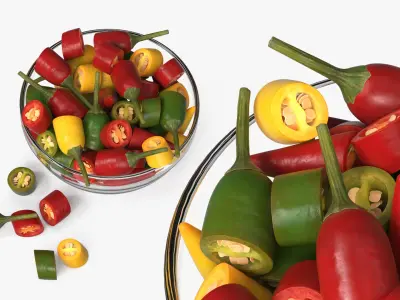 Mixed Chili Peppers in Glass Bowl Multicolor 3D model
