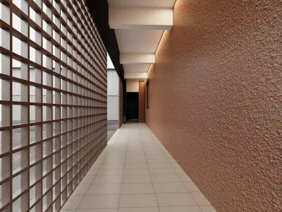 Modern Japandi Cafe Exterior with Wood Lattice Corridor 3D model