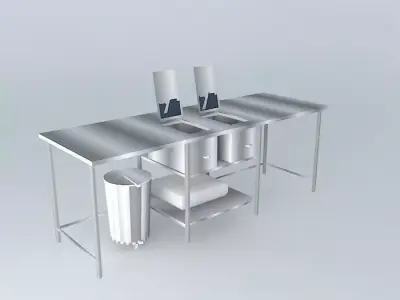 Kit stainless steel table with two sinks and trash can Free 3D model