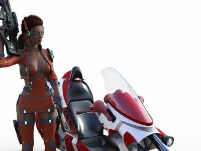 Cyberpunk Girl with bike - Rigged 3D model