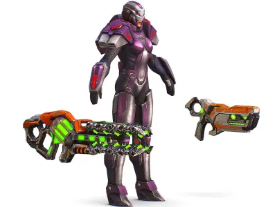 Cartoon Sci-Fi Cyborg Drone Heavy Machine Gunner Low-poly 3D model