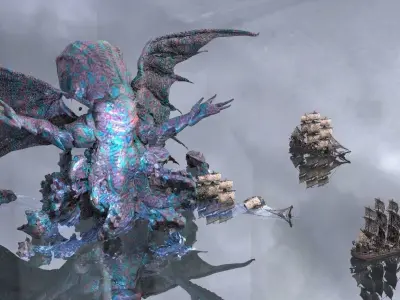 Cthulhu Great sea monster with Ships 3D model