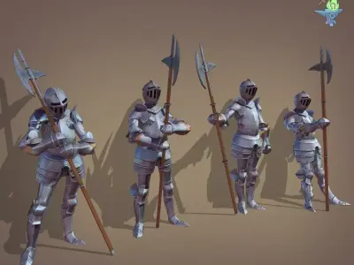 Gosthly Armor with Halberd 4 poses Low-poly 3D model
