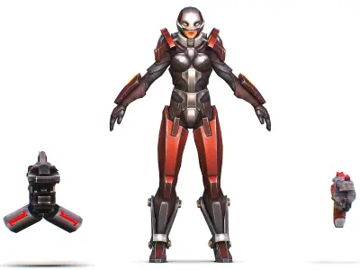 Cartoon Sci-Fi Cyborg Drone Heavy Machine Gunner Low-poly 3D model