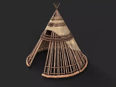 Primitive Wood and Fabric Tent Shelter 2 Low-poly 3D model