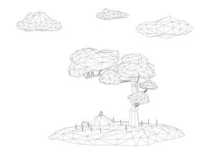 Tree low poly cherry on island with clouds Low-poly 3D model