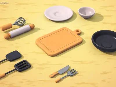 Cartoon Cooking Utensil Set with Board and Pan 3D model