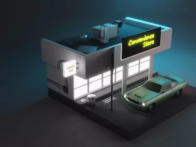Isometric convenience store with car Low-poly 3D model