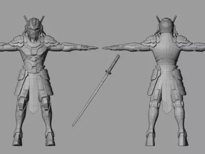 Cyberpunk Robot Samurai - Rigged Low-poly 3D model