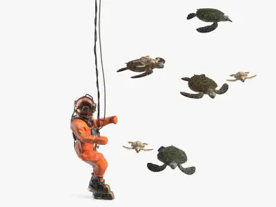 Vintage Deep Sea Diver Suit and Turtles 3D model