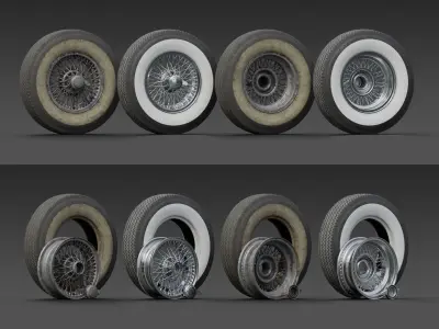 Set of 5 mid-poly vintage car wheels 3D model