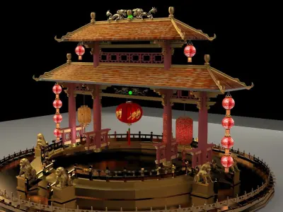 Chinese ancient gate with red lanterns 3D model