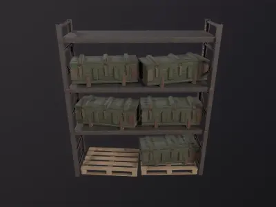 Iron shelf and military wooden box 3D Model Low-poly 3D model