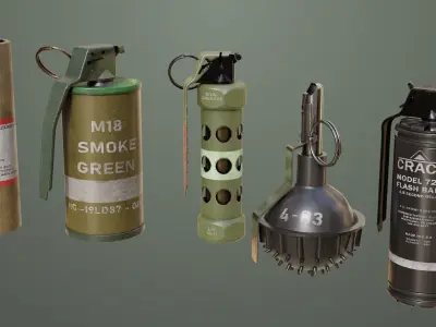 Smoke and Flash Grenades Single Mat All PBR Unity UE Textures Low-poly 3D model