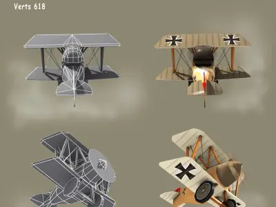 Low poly WW1 Cartoon Biplane Low-poly 3D model