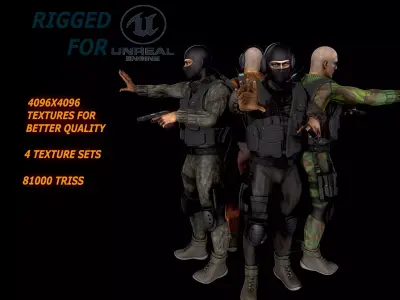 Lowpoly soldier comandos multi texture set Free low-poly 3D model