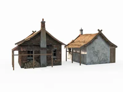Hand drawn medieval architecture with two thatched cottages 3D model