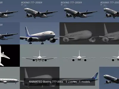 ANIMATED Boeing 777-200s - 5 Liveries 3D Model Collection