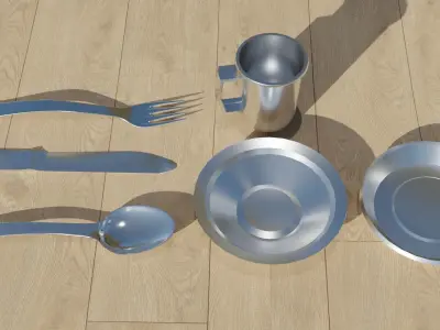 Camping cutlery set - Tin bowl plate mug spoon fork and knife Low-poly 3D model