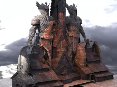 Viking Hall exterior ship design With Statue of warrior 4 3D model