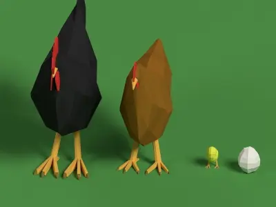 Low Poly Rooster Hen Chicken Egg Set Low-poly 3D model