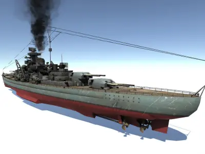 Bismarck ship with smoke Low-poly 3D model
