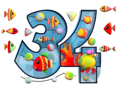 Cartoon 3D illustration Number 3 4 Fish Low-poly 3D model