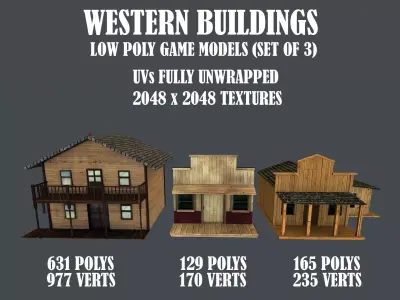 Western Styled Building Low Poly Game Ready Models - Set of 3 Free low-poly 3D model