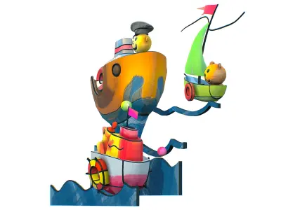 Cartoon 3D illustration Fish Ship Steamship Low-poly 3D model