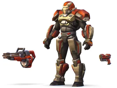 Cartoon Sci-Fi Cyborg Drone Heavy Machine Gunner Low-poly 3D model