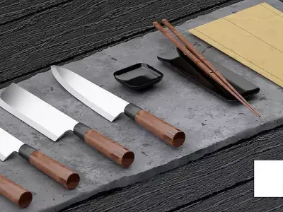 Japanese sushi knives set and some exrtas 3D model