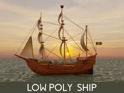 ship lowpoly model - game ready sailing in ocean at sunset Low-poly 3D model