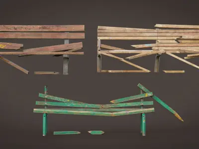 Bench Old Pack GameReady LODs 3D model