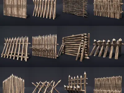 PALISADE BARRIER BARRICADE FENCE WALL VILLAGE FORT COLLECTION Low-poly 3D model