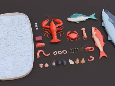 Collection 30 Seafood and Fish Low Poly Free low-poly 3D model