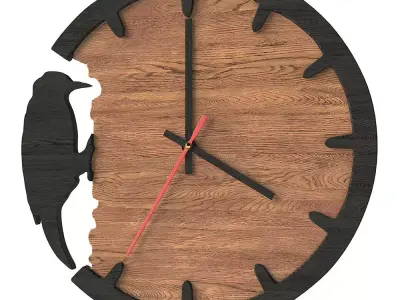 Clock wooden wall with bird Low-poly 3D model