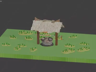 low poly well with garden 3D model