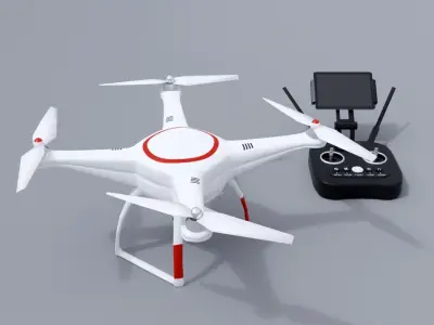 White drone with remote control Low-poly 3D model