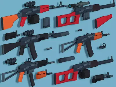 Stylized Modular AKS-74U Rifle Low Poly Mobile Ready Low-poly 3D model