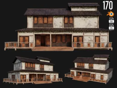 4 Old Japanese Building Packs 4K Textures GameReady 169 to 172 Low-poly 3D model