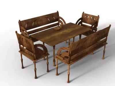 Wooden Table Chairs Tableware Free 3D model