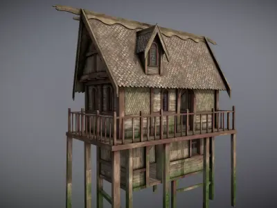 Medieval Lake Village - House 19 with interiors Low-poly 3D model