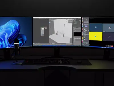 Desktop with 3 monitors Free 3D model
