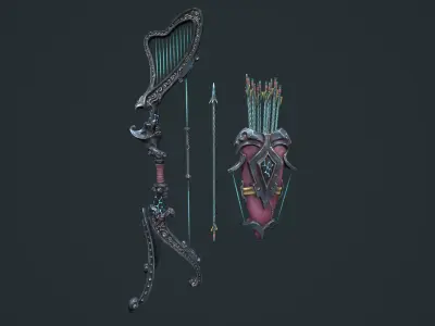 Harp bow quiver arrow Low-poly 3D model