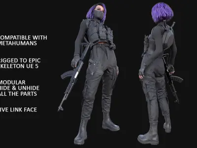 Realistic 3D model of Man - Military Woman - Modular - Rigged  Low-poly 3D model
