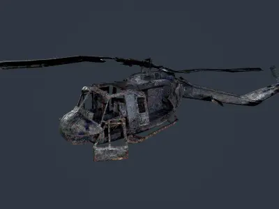 Wrecked Damaged UH1H Military Helicopter Game Ready Low-poly 3D model